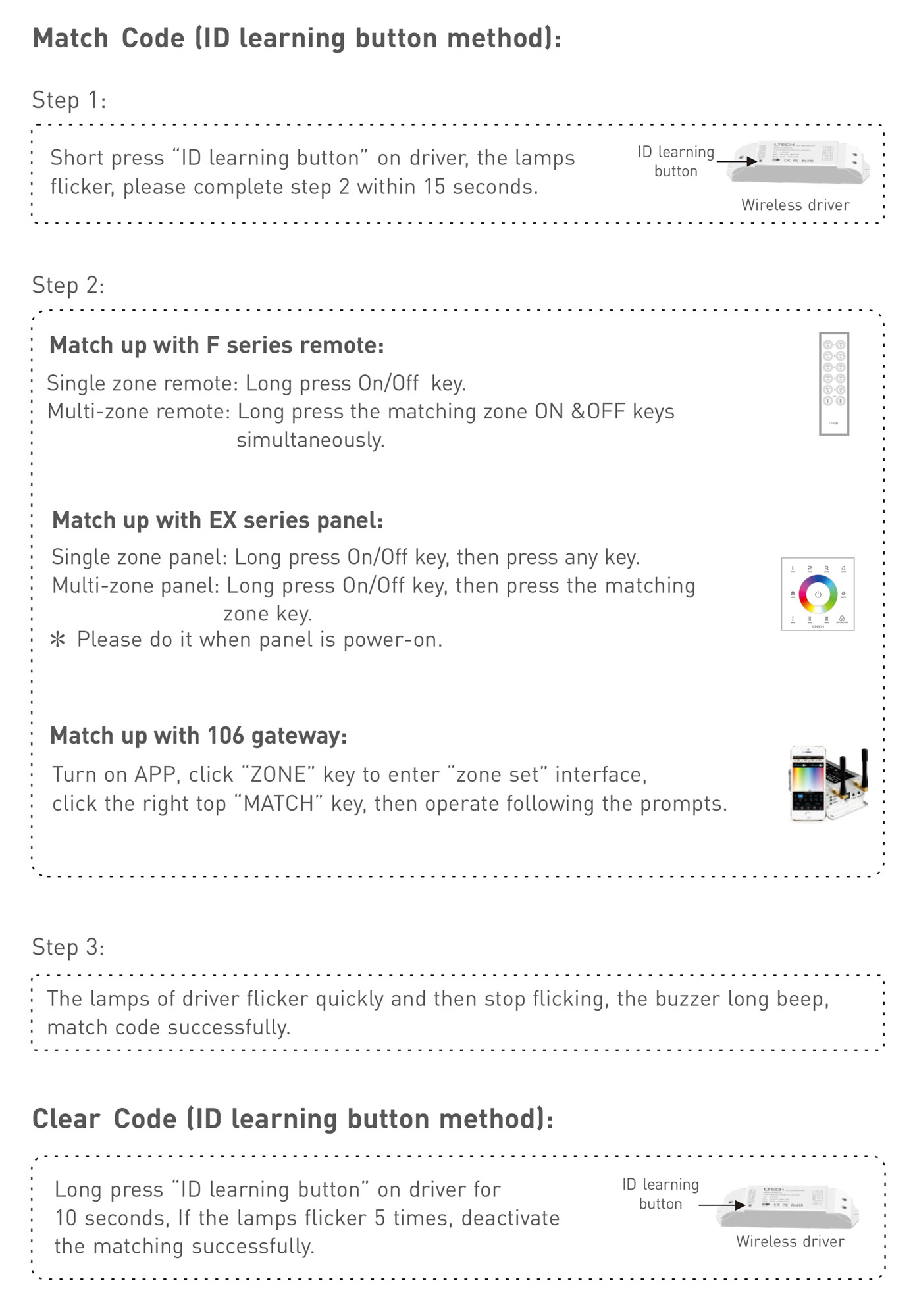 CV RF 2.4GHz Wireless Receiver 5/12/24V DC, 12Amax. 3A × 4CH, 0-100 Dimming level, IP20. F4-3A  LTECH Wireless Receiver